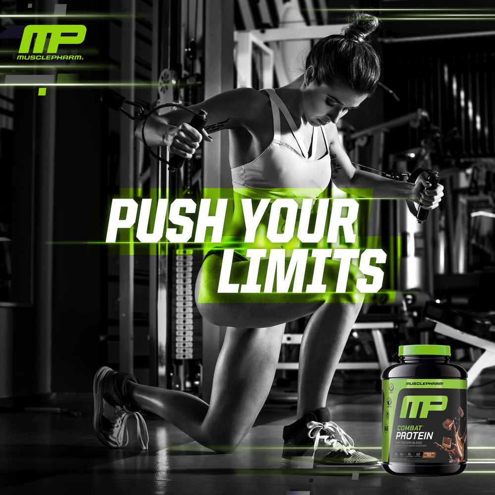MusclePharm Combat Protein Powder Informed-Choice certification badge indicates tested quality.