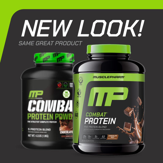MusclePharm Combat Protein Powder scoop beside the tub, convenient for pre- or post-workout shakes.