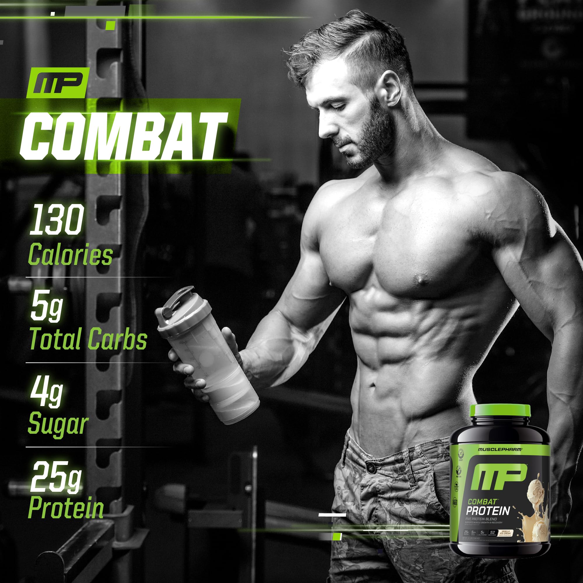 MusclePharm Combat Protein Powder vanilla ingredients highlight five protein sources.