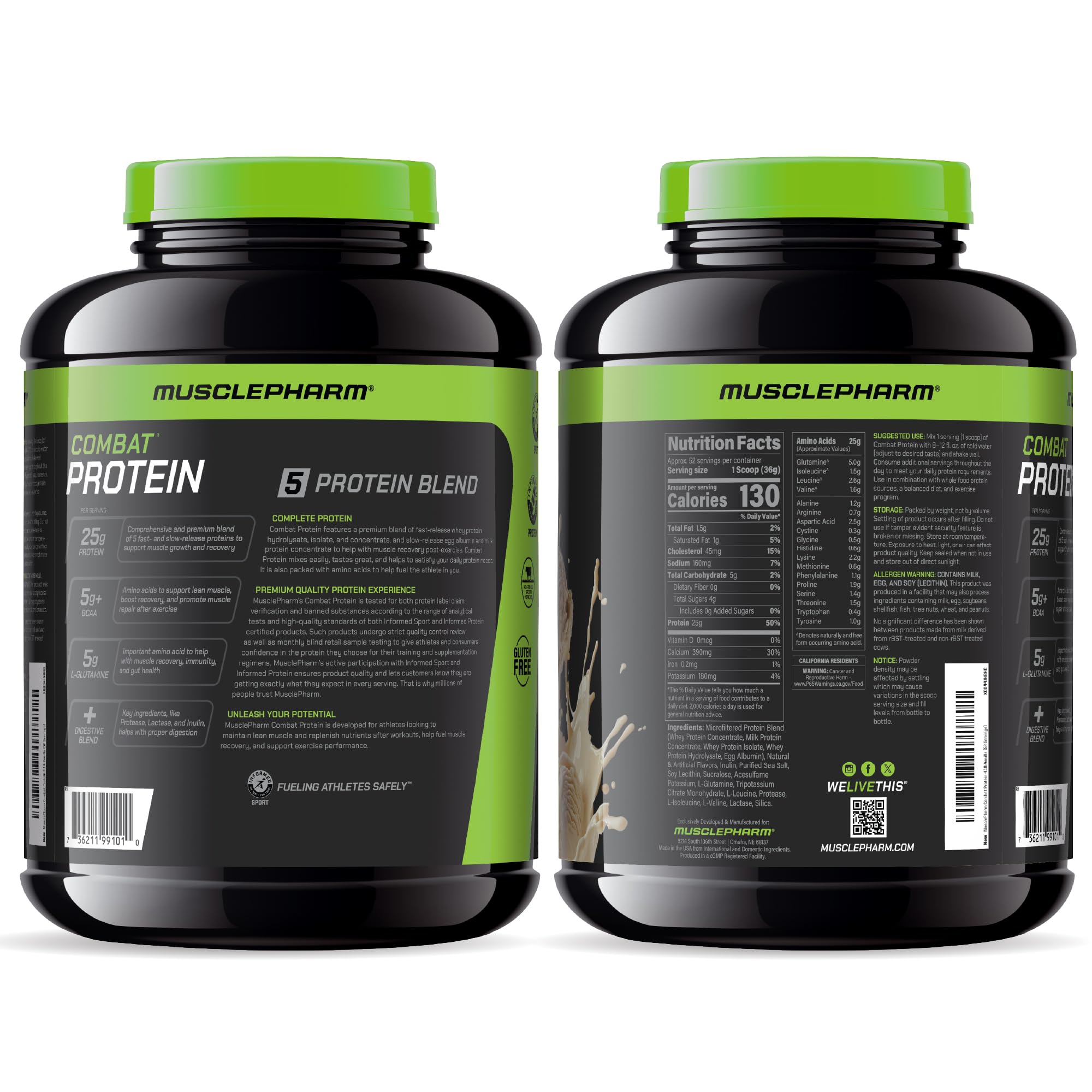 MusclePharm Combat Protein Powder vanilla packaging showcases sport focused branding.