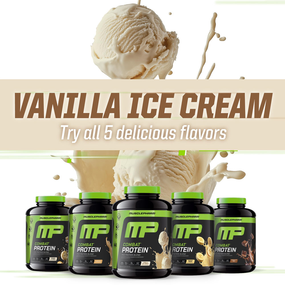 MusclePharm Combat Protein Powder vanilla serving spoon measures a precise dose.