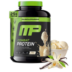 MusclePharm Combat Protein Powder vanilla tub ready for a post-workout shake.
