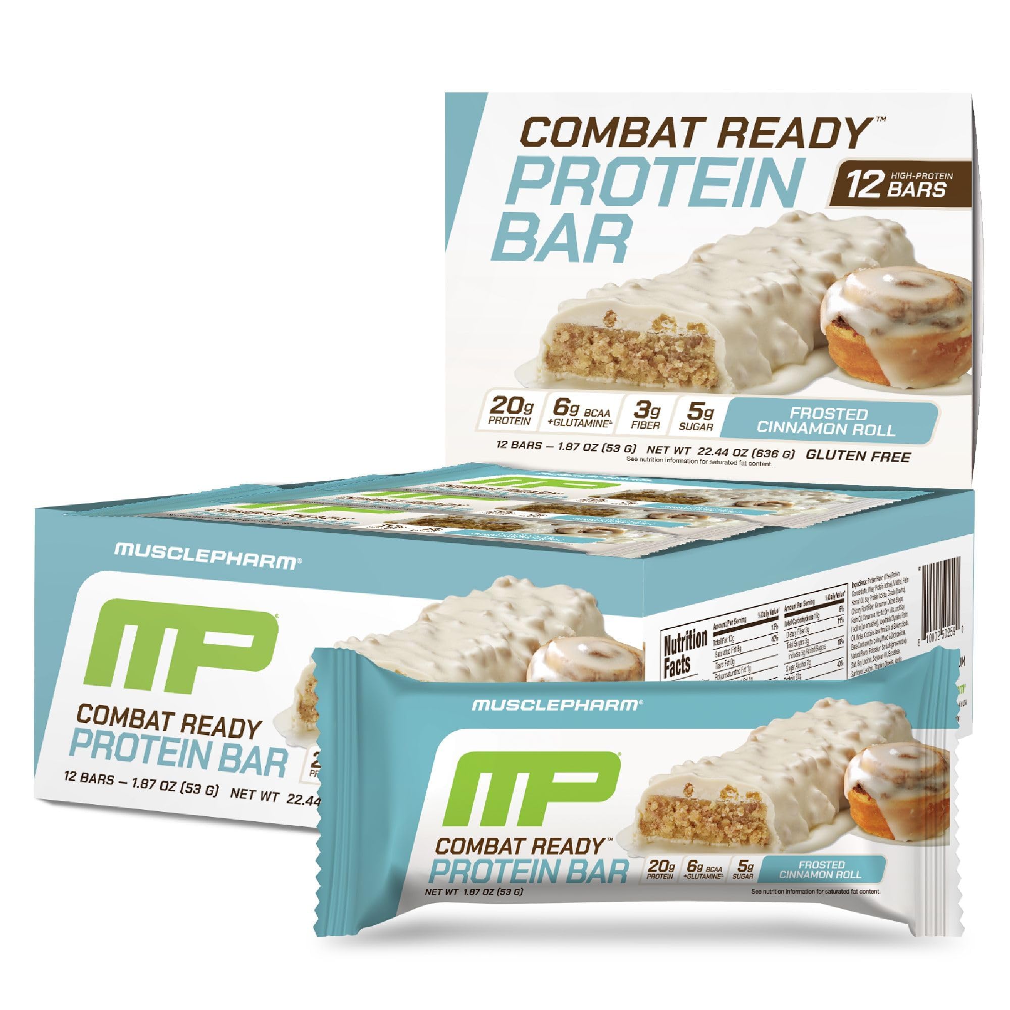 MusclePharm Combat Ready Cinnamon Roll packaging highlights a high-protein athlete snack