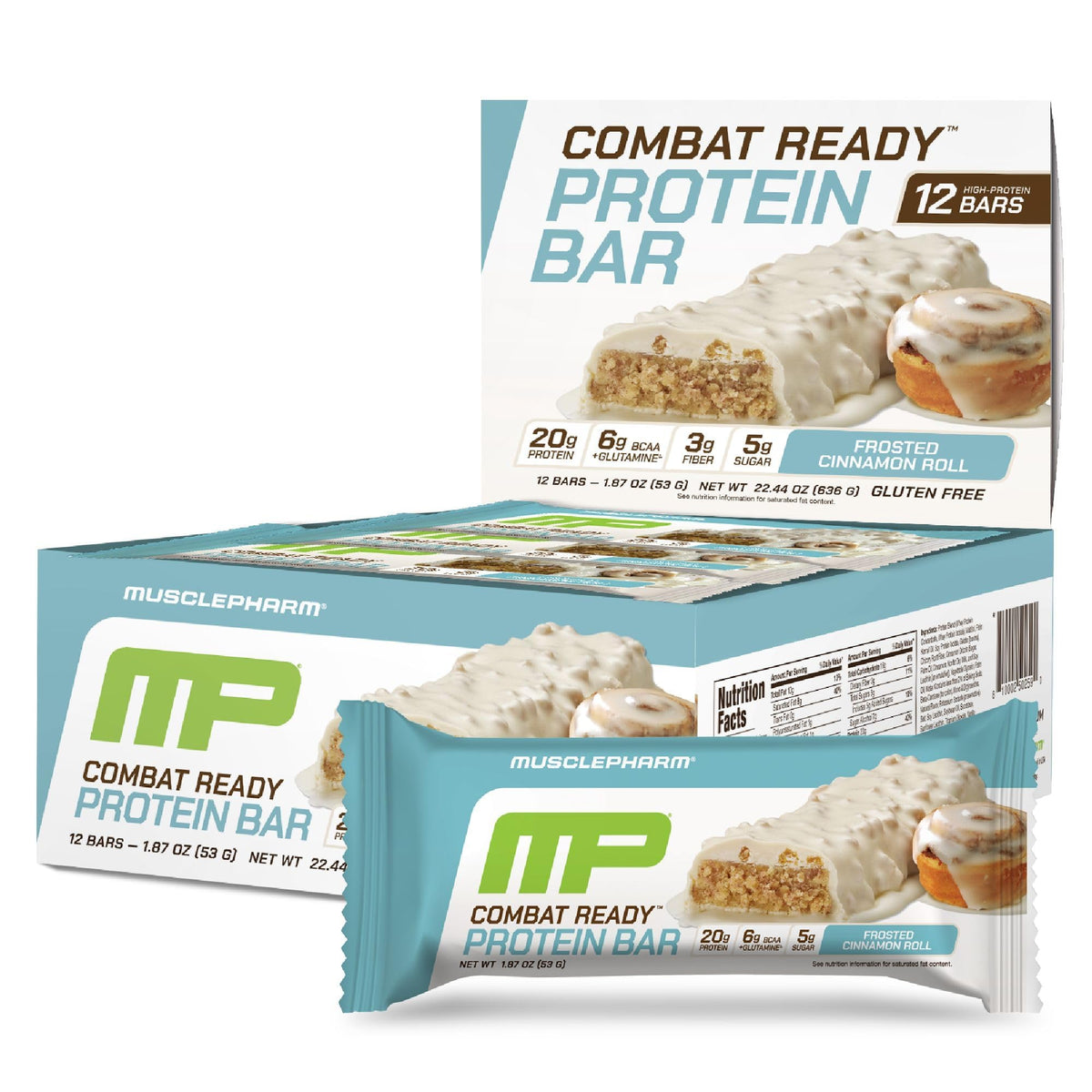 MusclePharm Combat Ready Cinnamon Roll packaging highlights a high-protein athlete snack