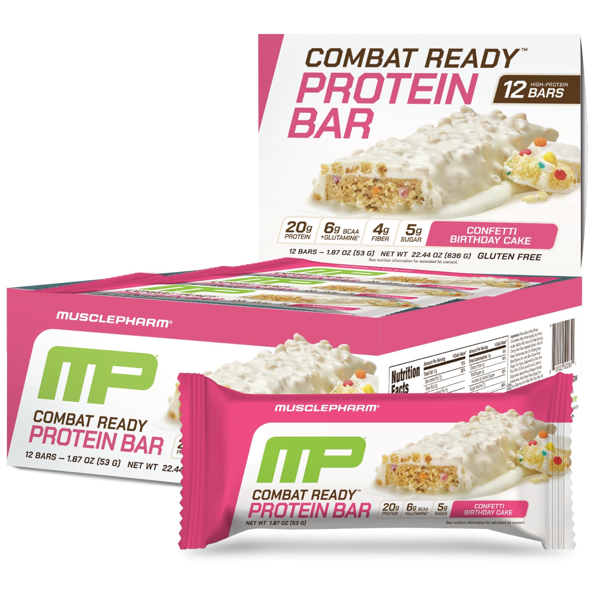 MusclePharm Combat Ready Bar Confetti Cake front view for on-the-go energy during workouts.