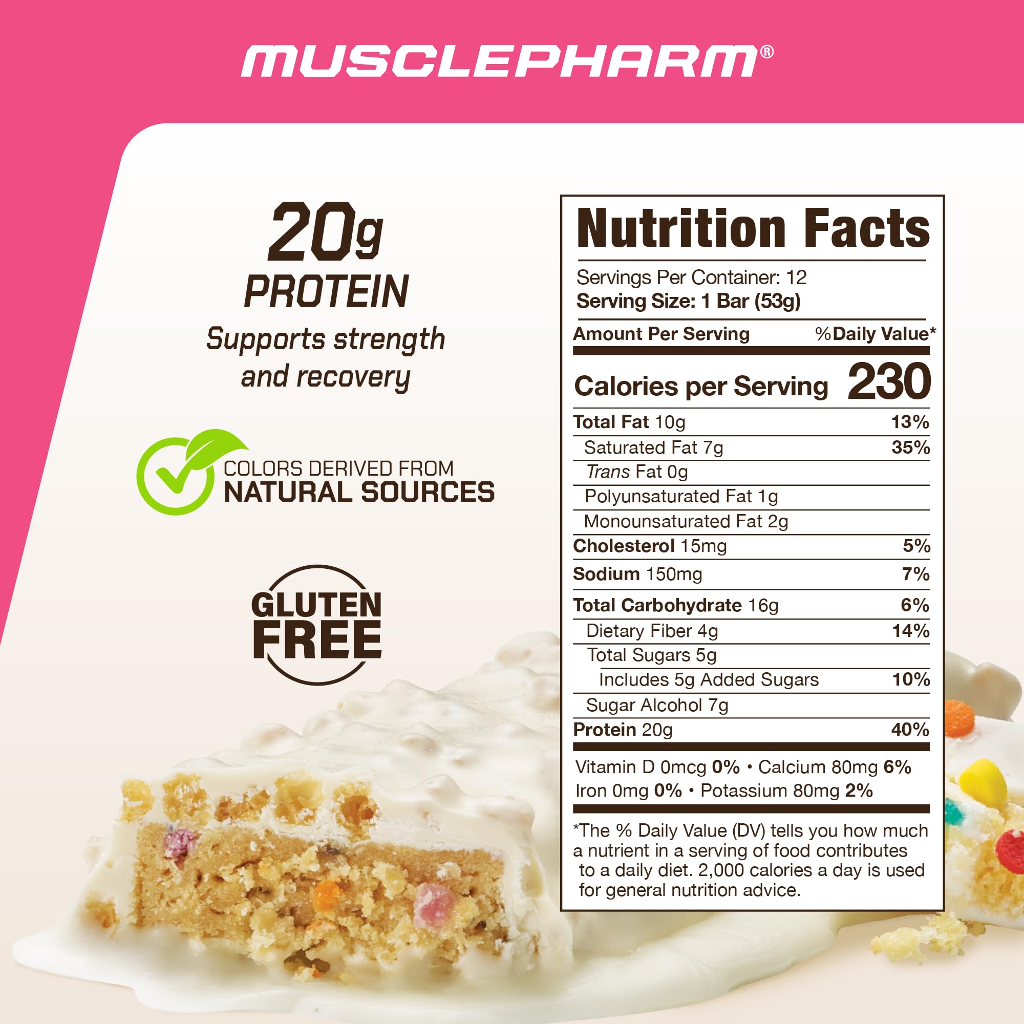 MusclePharm Combat Ready Bar Confetti Cake texture closeup showing chewy-crispy bite and flavor.
