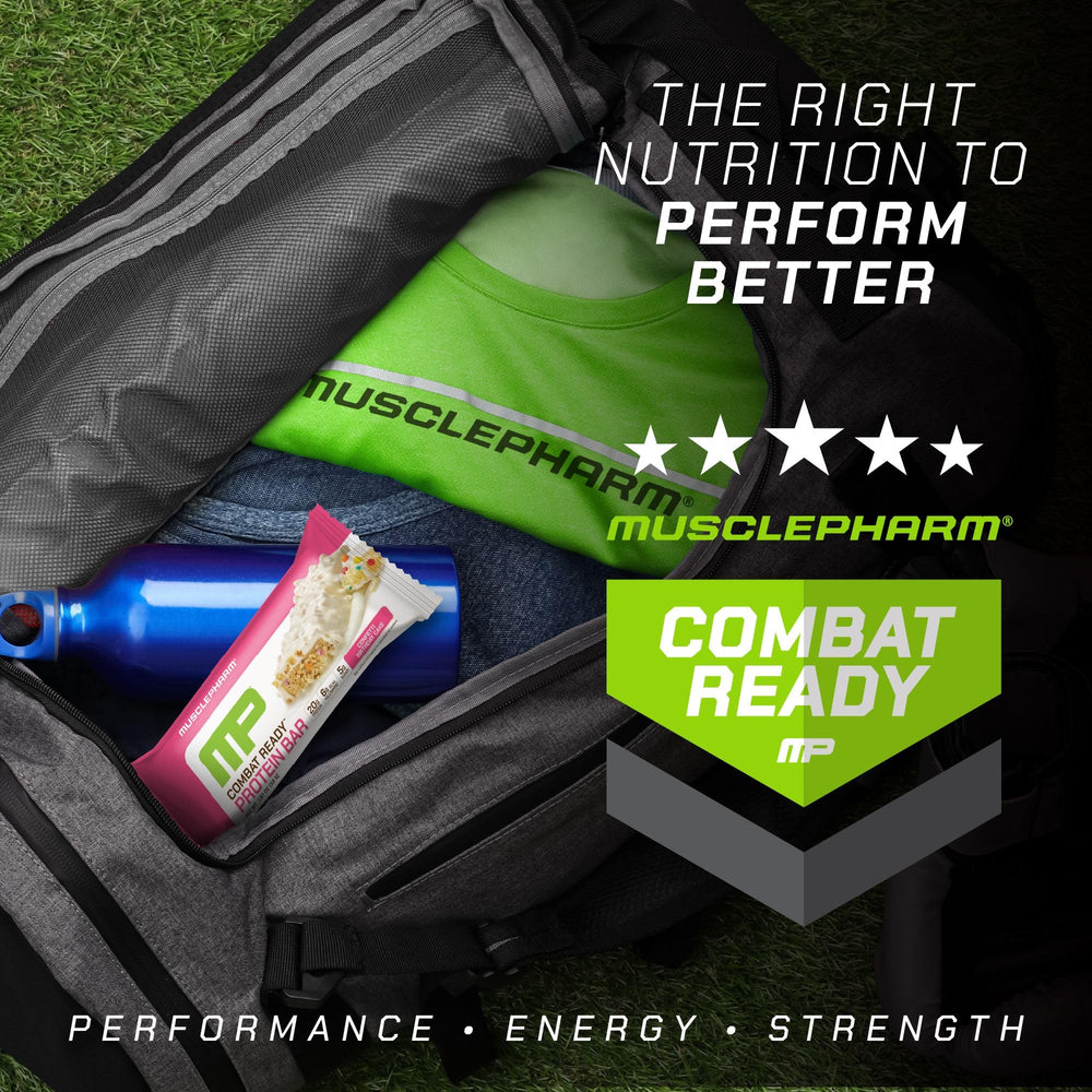 MusclePharm Combat Ready Bar nutrition facts back displaying protein and fiber.