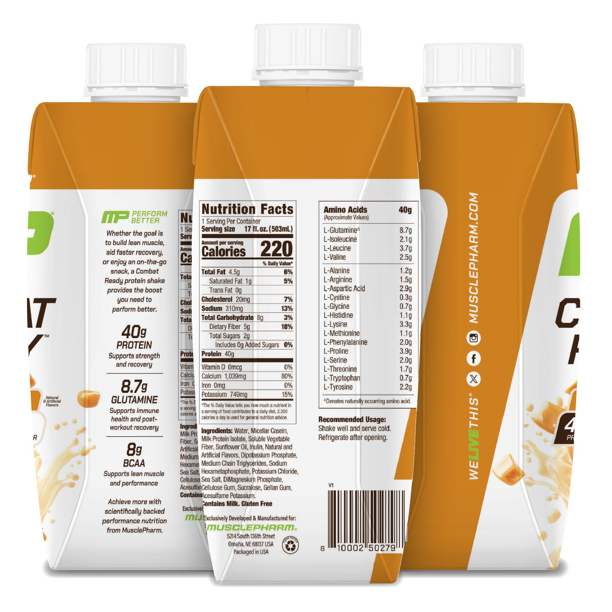 Salted caramel MusclePharm Combat Ready bottle in a lifestyle setting.