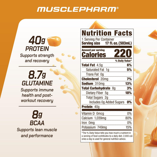 MusclePharm Combat Ready salted caramel label highlights gluten-free, no added sugar.