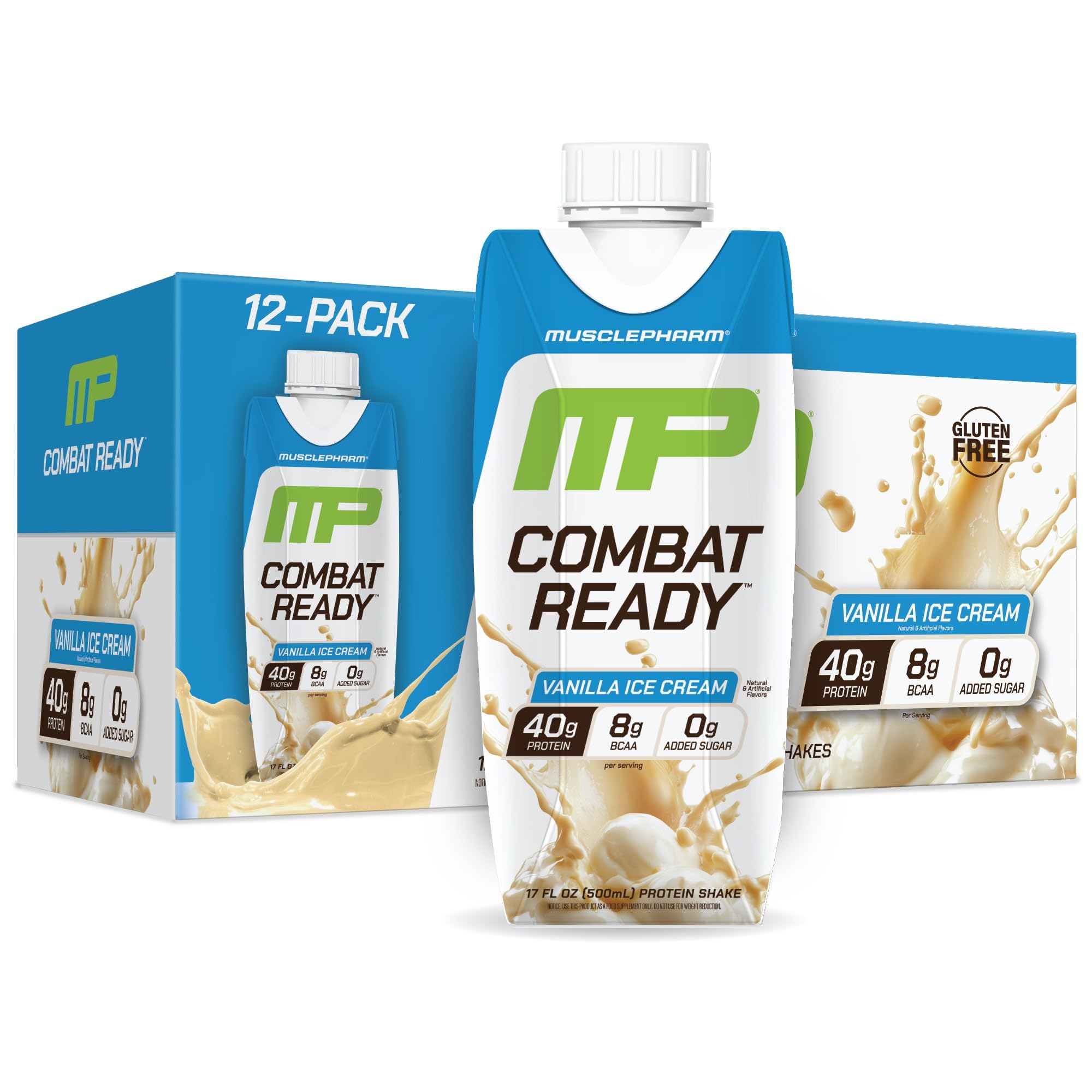 MusclePharm Combat Ready Vanilla Ice Cream RTD bottle shown for post-workout refueling