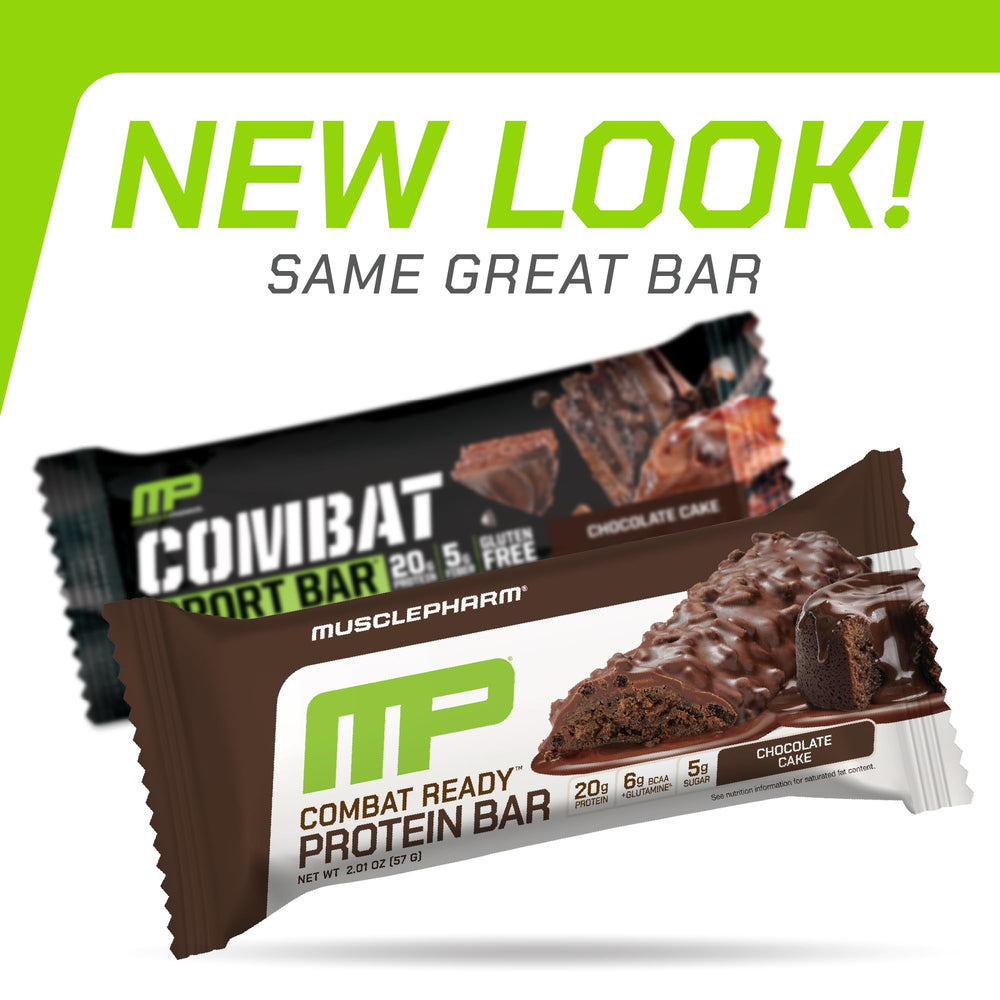 Two MusclePharm Combat Sport Bars Chocolate Cake flavor on a display