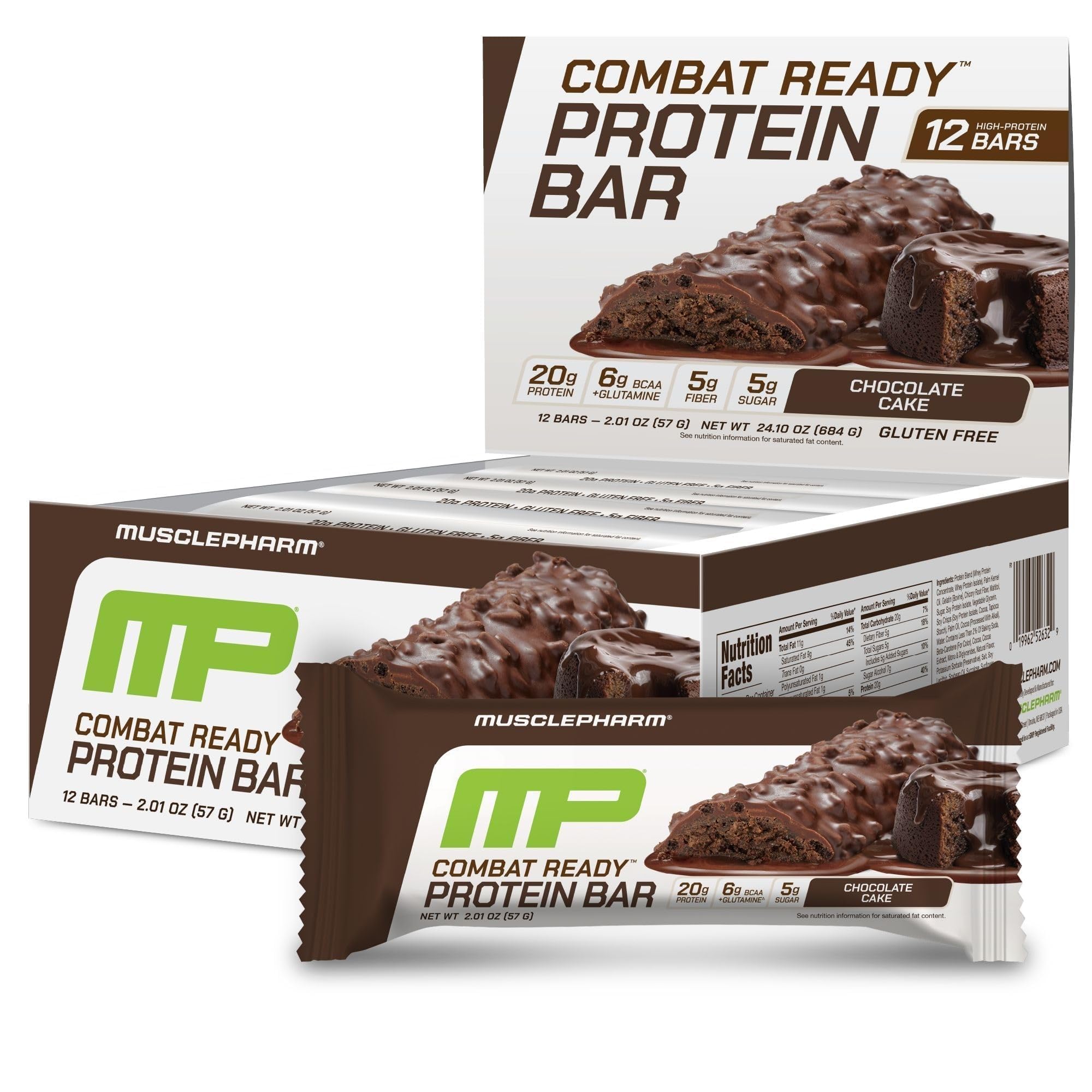 MusclePharm Combat Sport Bar Chocolate Cake flavor on display highlighting 20g protein per bar