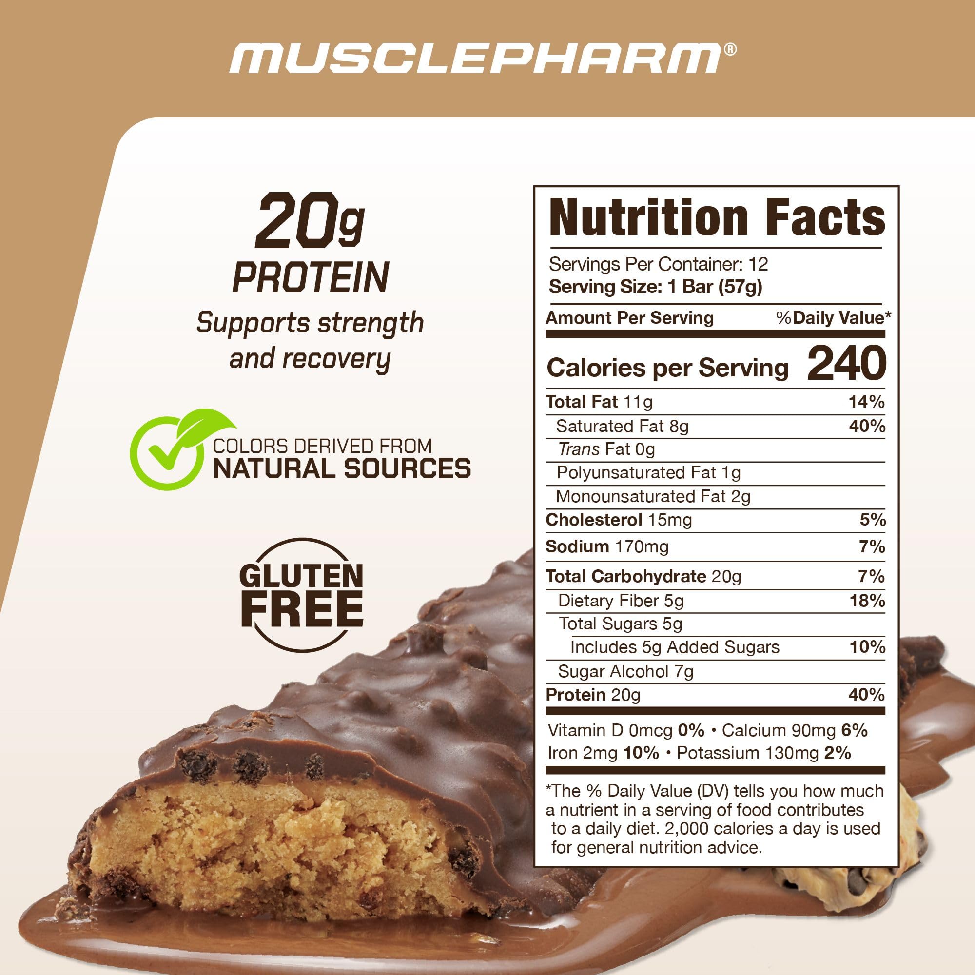 MusclePharm Combat Sport Bar chocolate chip cookie dough bars in a row for grab-and-go energy.