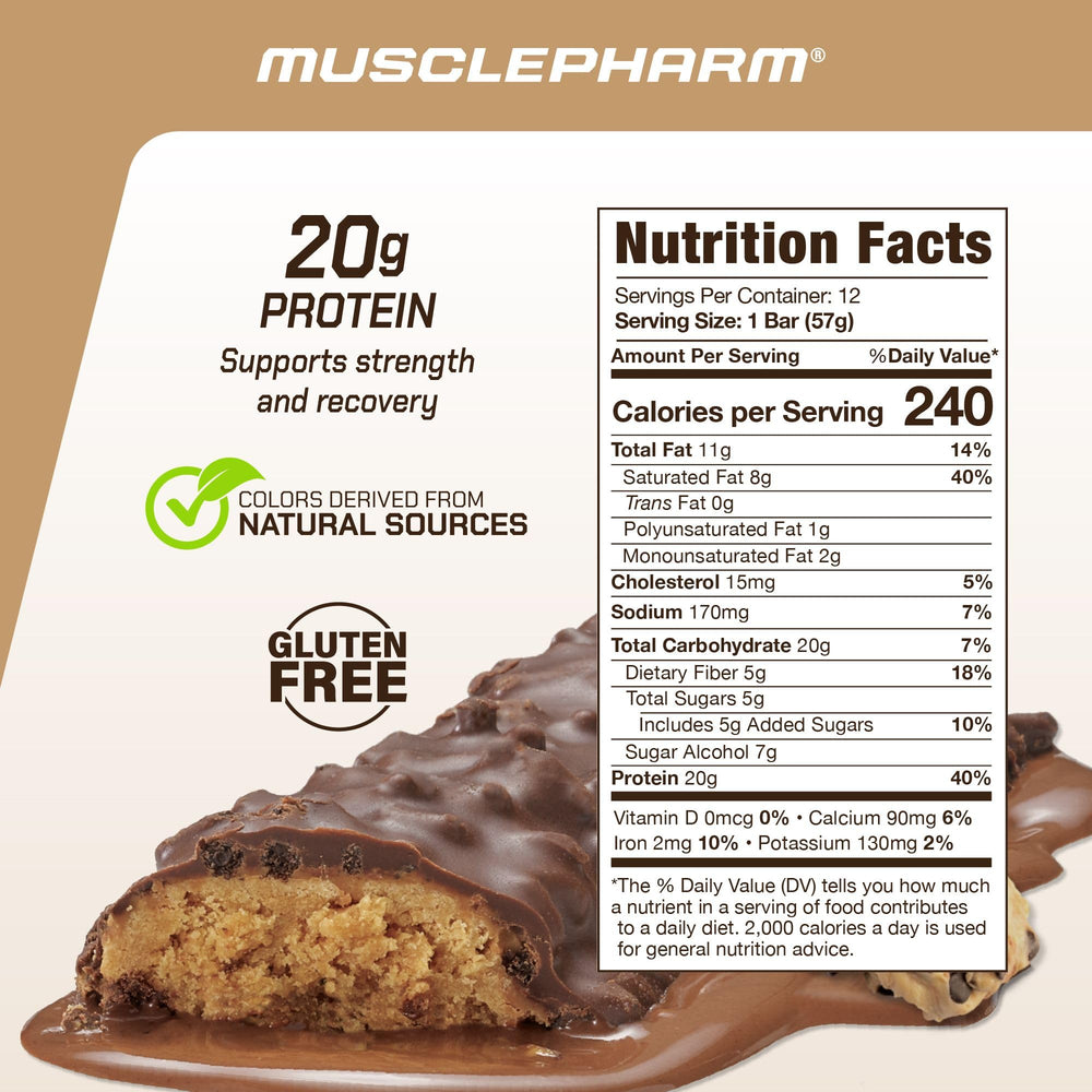 MusclePharm Combat Sport Bar chocolate chip cookie dough bars in a row for grab-and-go energy.