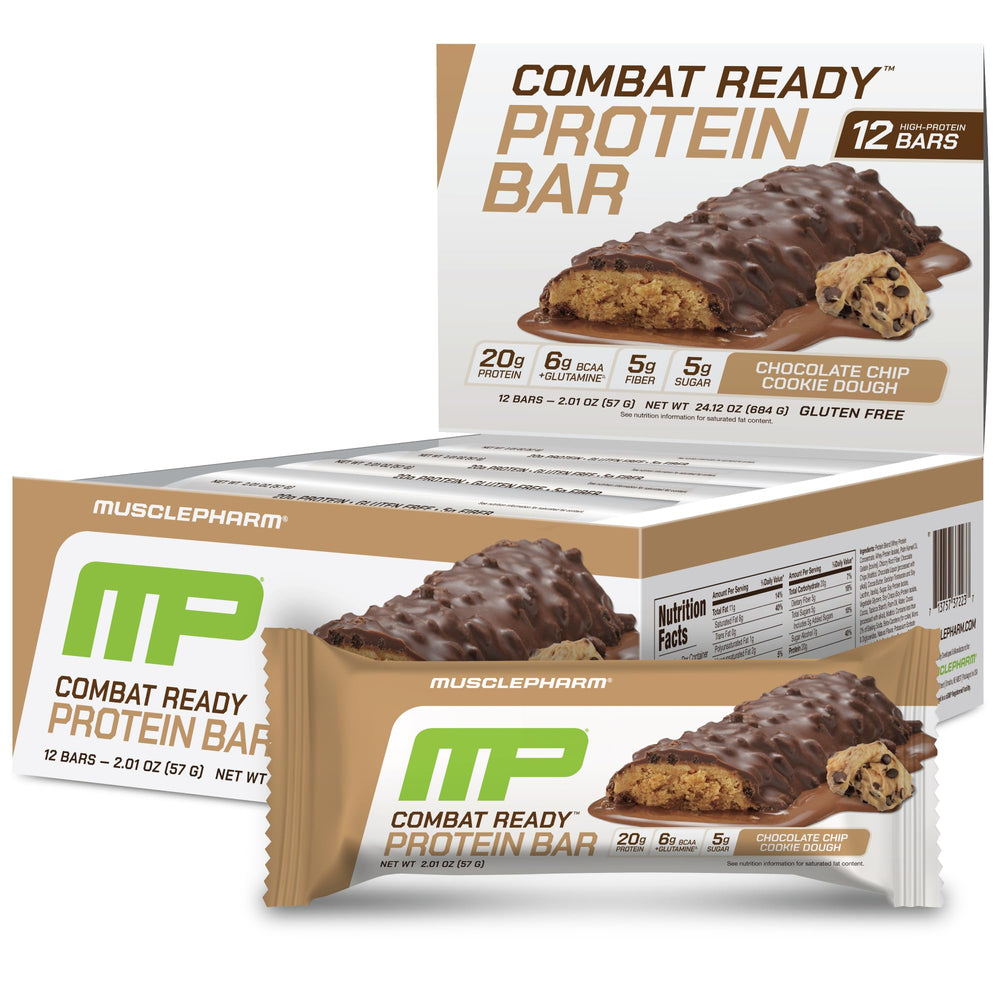MusclePharm Combat Sport Bar packaging front, high-protein snack in chocolate chip cookie dough flavor.