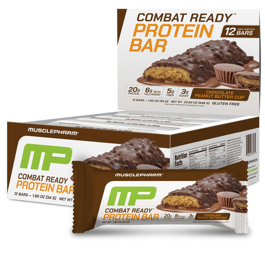 MusclePharm Combat Sport Bar front packaging shows Chocolate Peanut Butter Cup for post-workout fueling