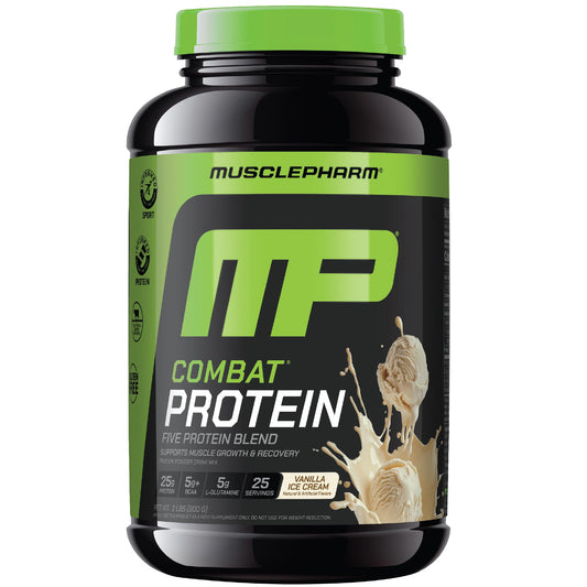 MusclePharm Combat Vanilla tub showcases a tasty post-workout shake option.