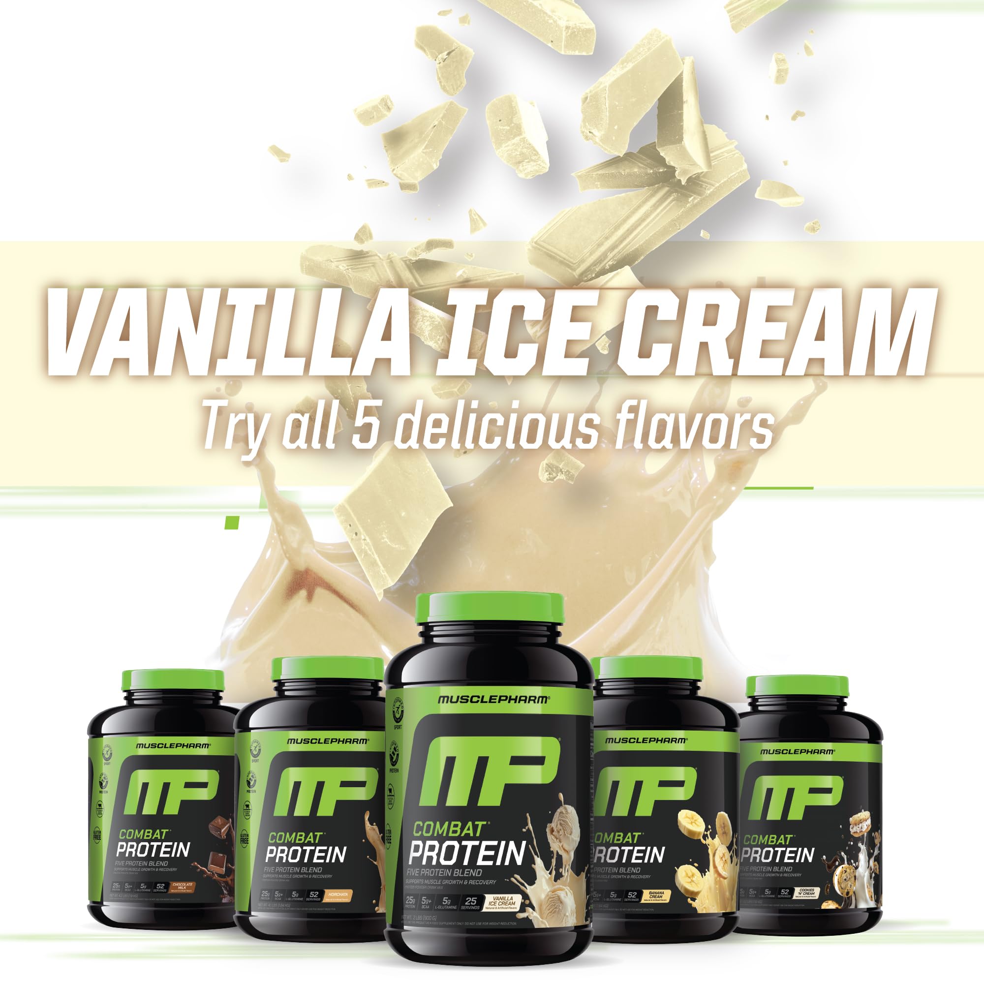 MusclePharm Combat vanilla shake in a glass demonstrates flavorful recovery option.