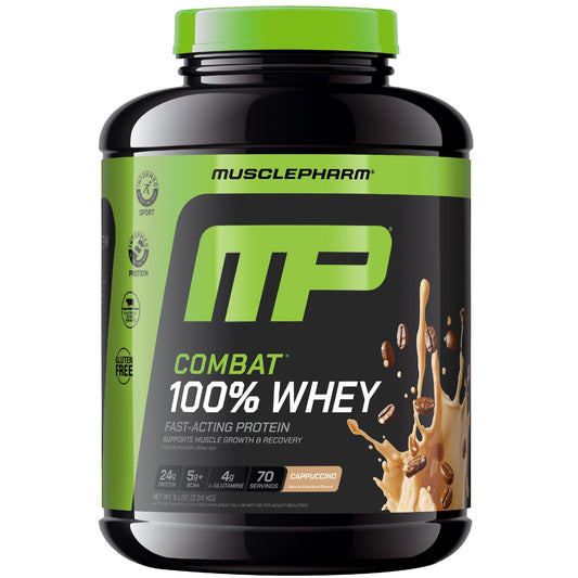 MusclePharm Combat Whey Cappuccino powder jar highlights high-protein formula for quick recovery