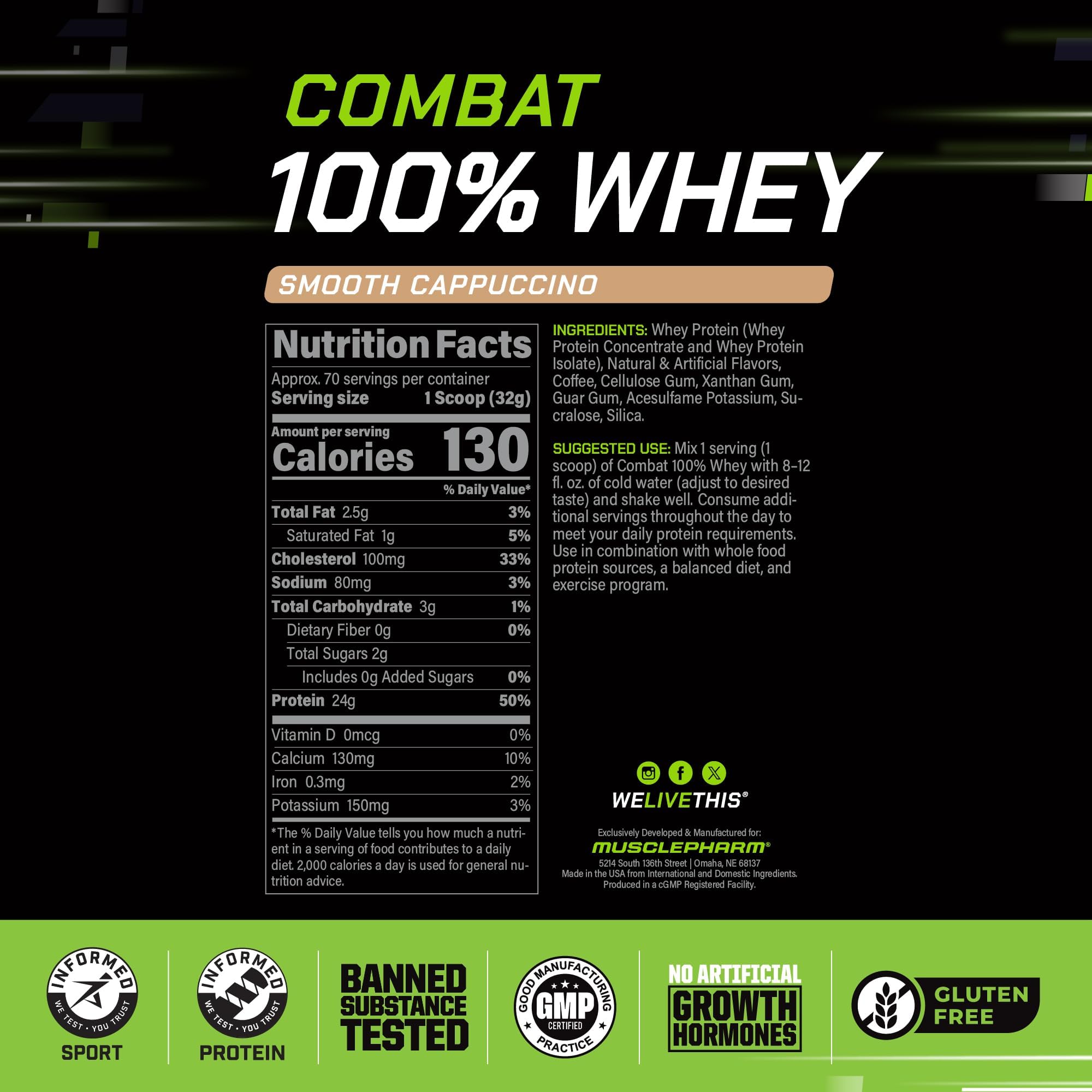 MusclePharm Combat Whey Cappuccino glass shake shows smooth texture and flavor convenience