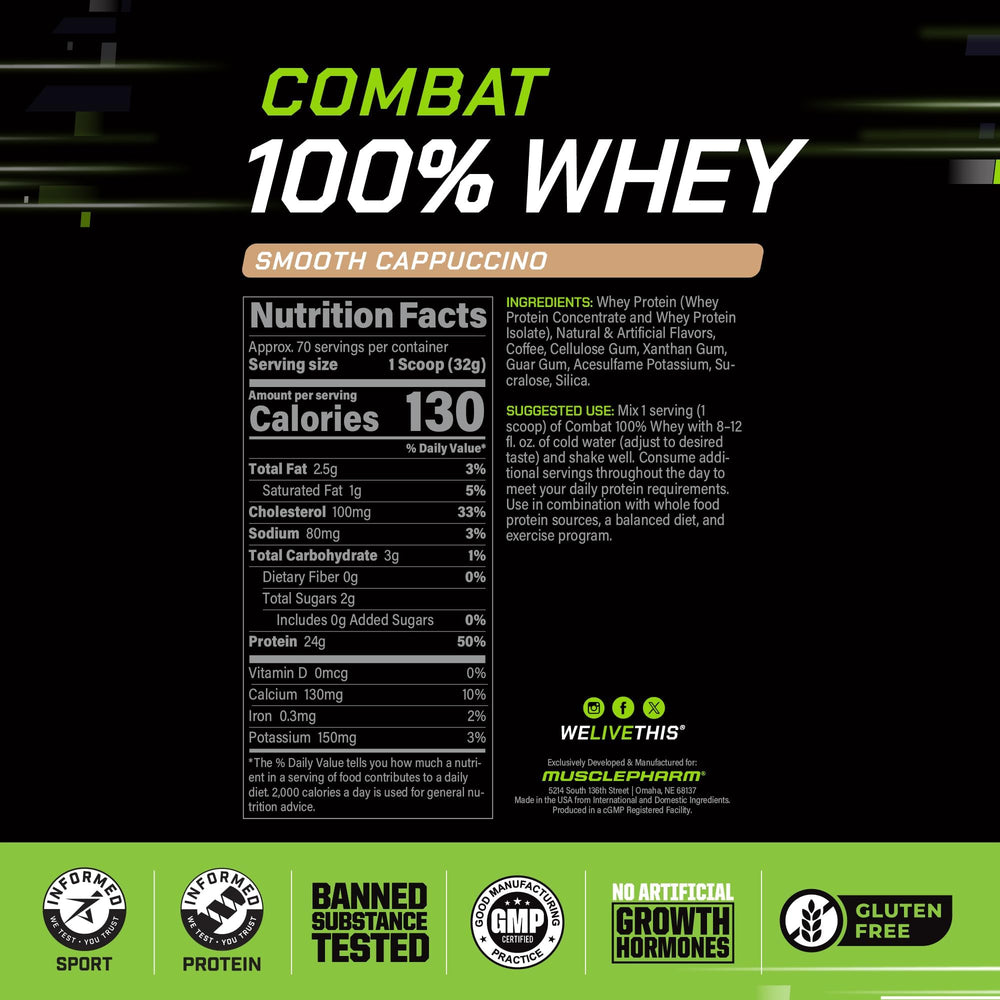 MusclePharm Combat Whey Cappuccino glass shake shows smooth texture and flavor convenience