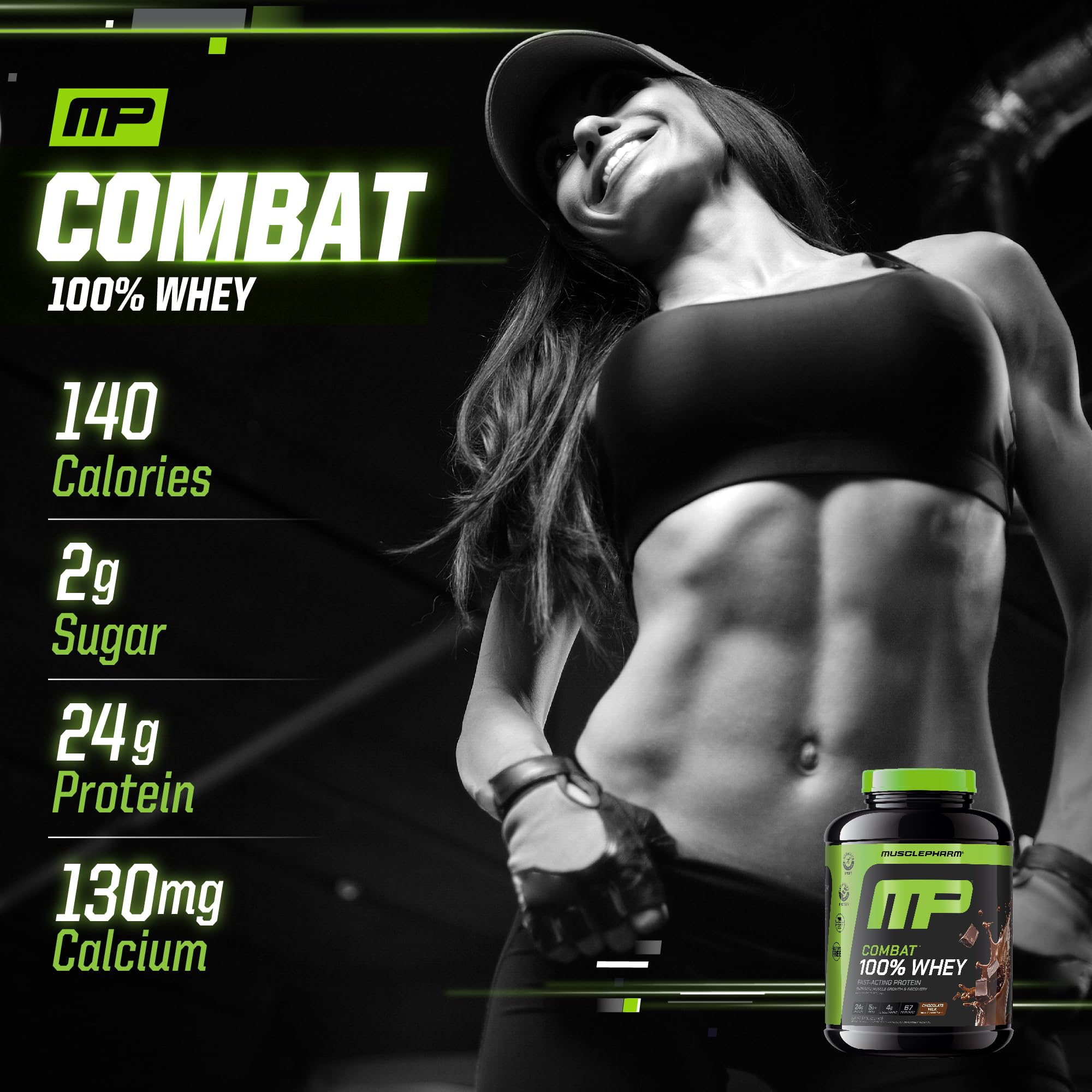 MusclePharm Combat whey chocolate milk packaging closeup highlighting packaging design