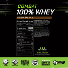 MusclePharm Combat whey chocolate milk powder being dispensed for precise dosing