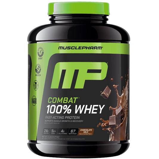 MusclePharm Combat whey chocolate milk tub showing protein content and flavor appeal for post-workout recovery
