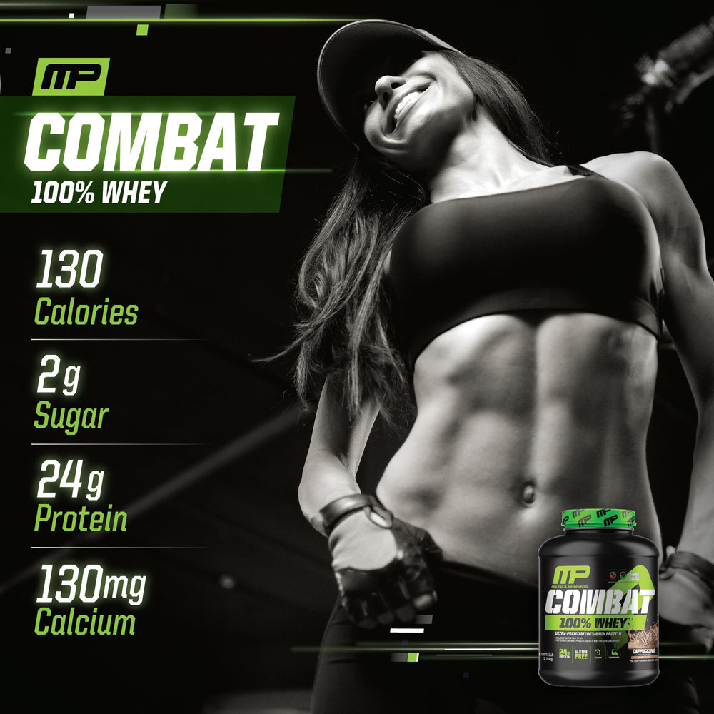 MusclePharm Combat Whey label with Informed-Choice badge signals trusted testing