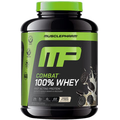 MusclePharm Combat whey protein tub with Cookies N Cream flavor for post-workout recovery