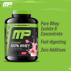 MusclePharm Combat Whey Strawberry Cream label closeup—gluten-free and tested for purity.