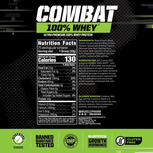 MusclePharm Combat Whey Strawberry Cream scoop shows easy-to-measure servings for workouts.