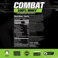 MusclePharm Combat Whey Strawberry Cream scoop shows easy-to-measure servings for workouts.