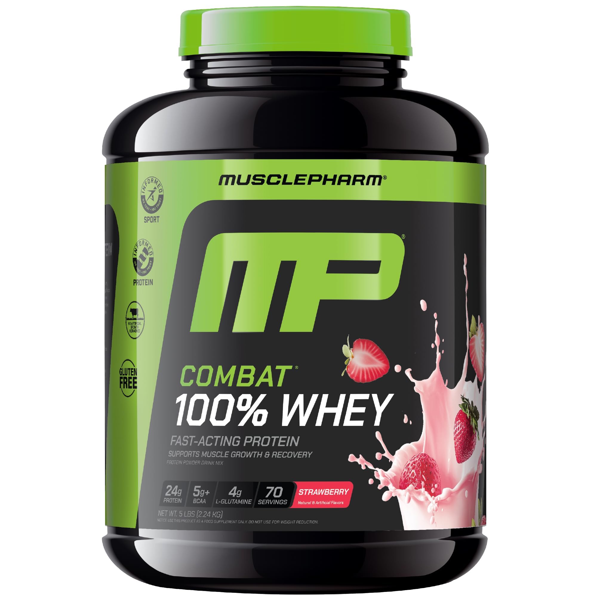MusclePharm Combat Whey Strawberry Cream tub highlights high protein for muscle support.