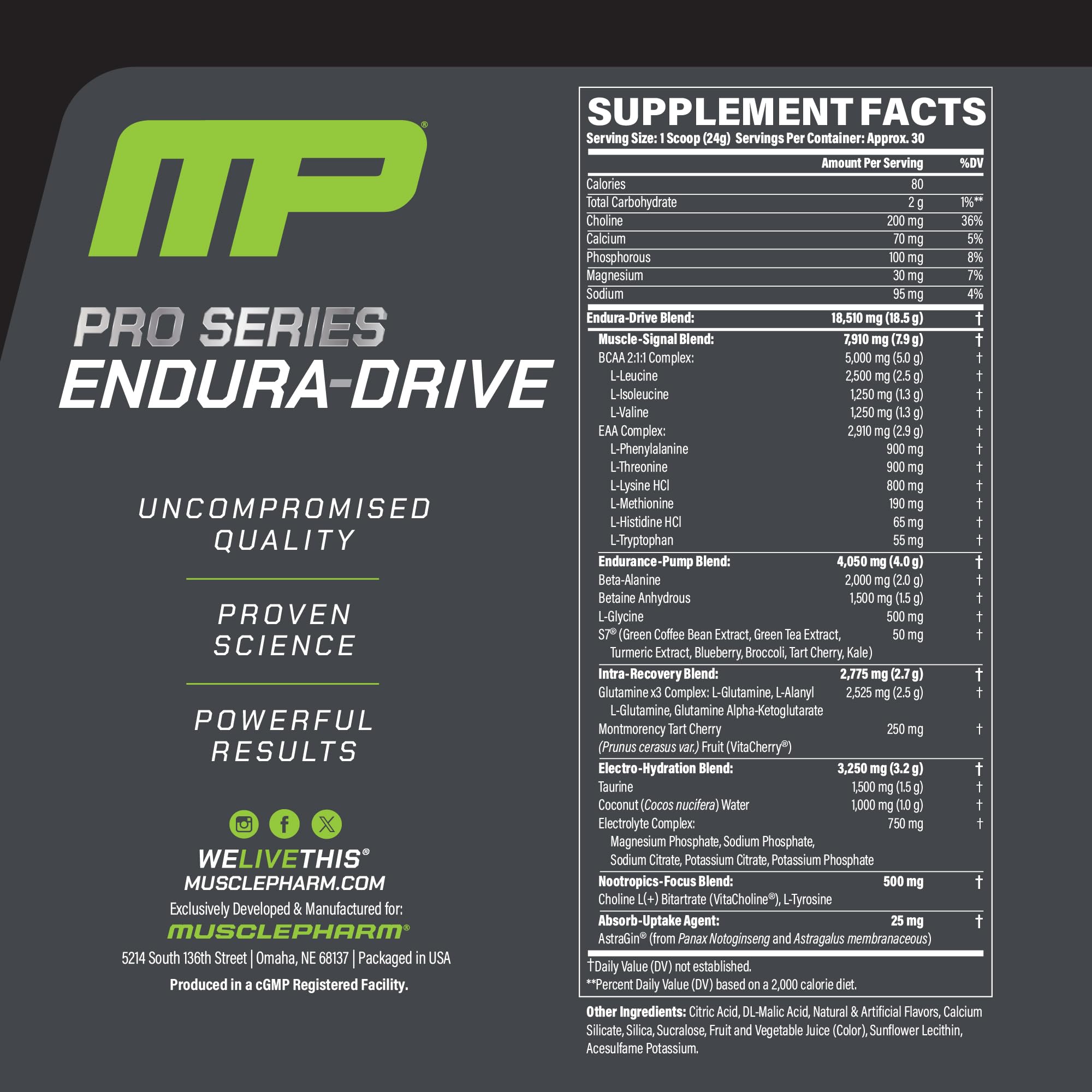 MusclePharm Endura-Drive scoop measures servings for pre-workout nutrition.