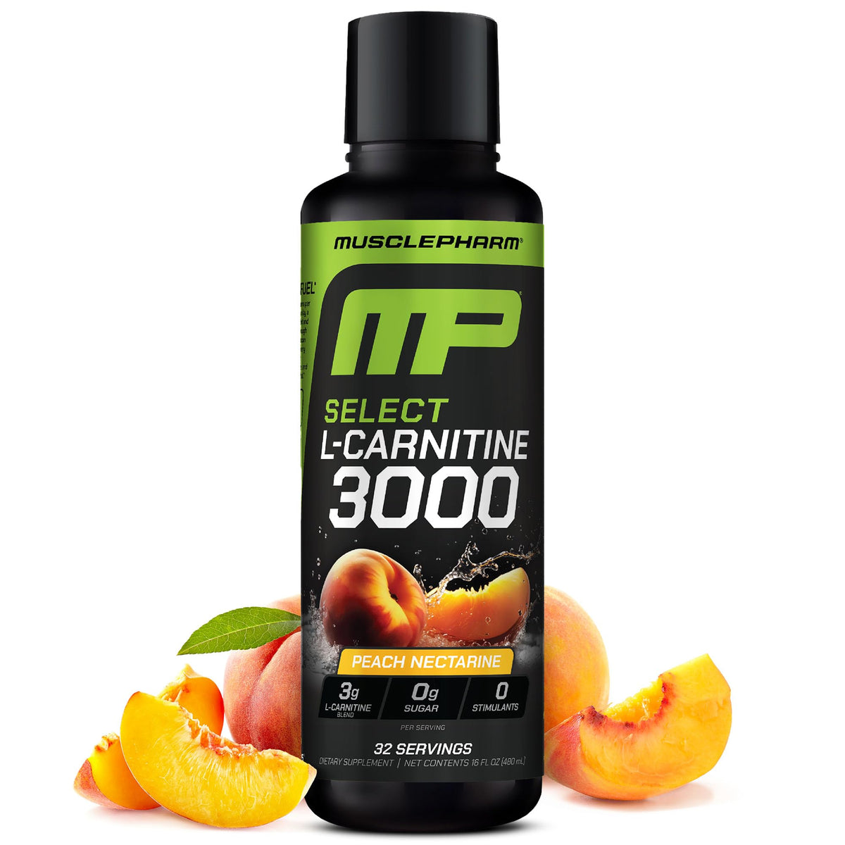 MusclePharm L-Carnitine 3000 bottle with peach nectarine flavor for clean energy.