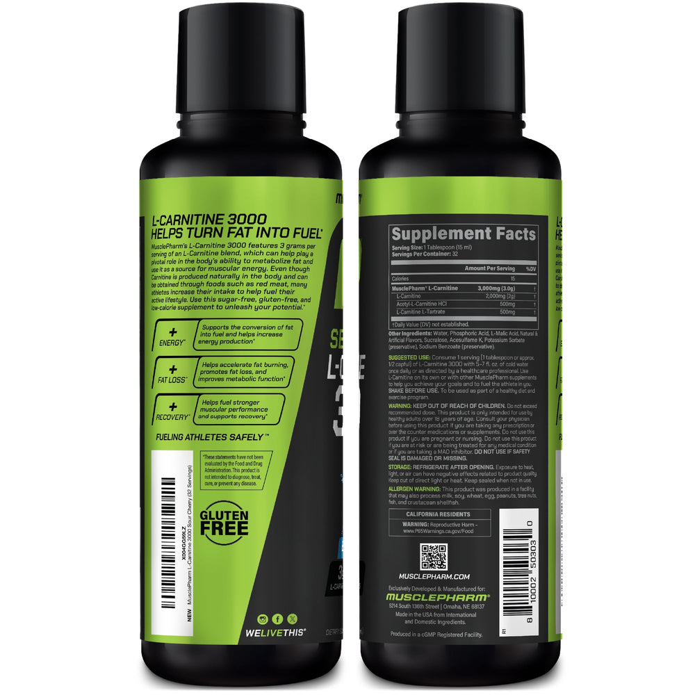 MusclePharm L-Carnitine 3000 blue raspberry flavor bottle invites refreshing hydration