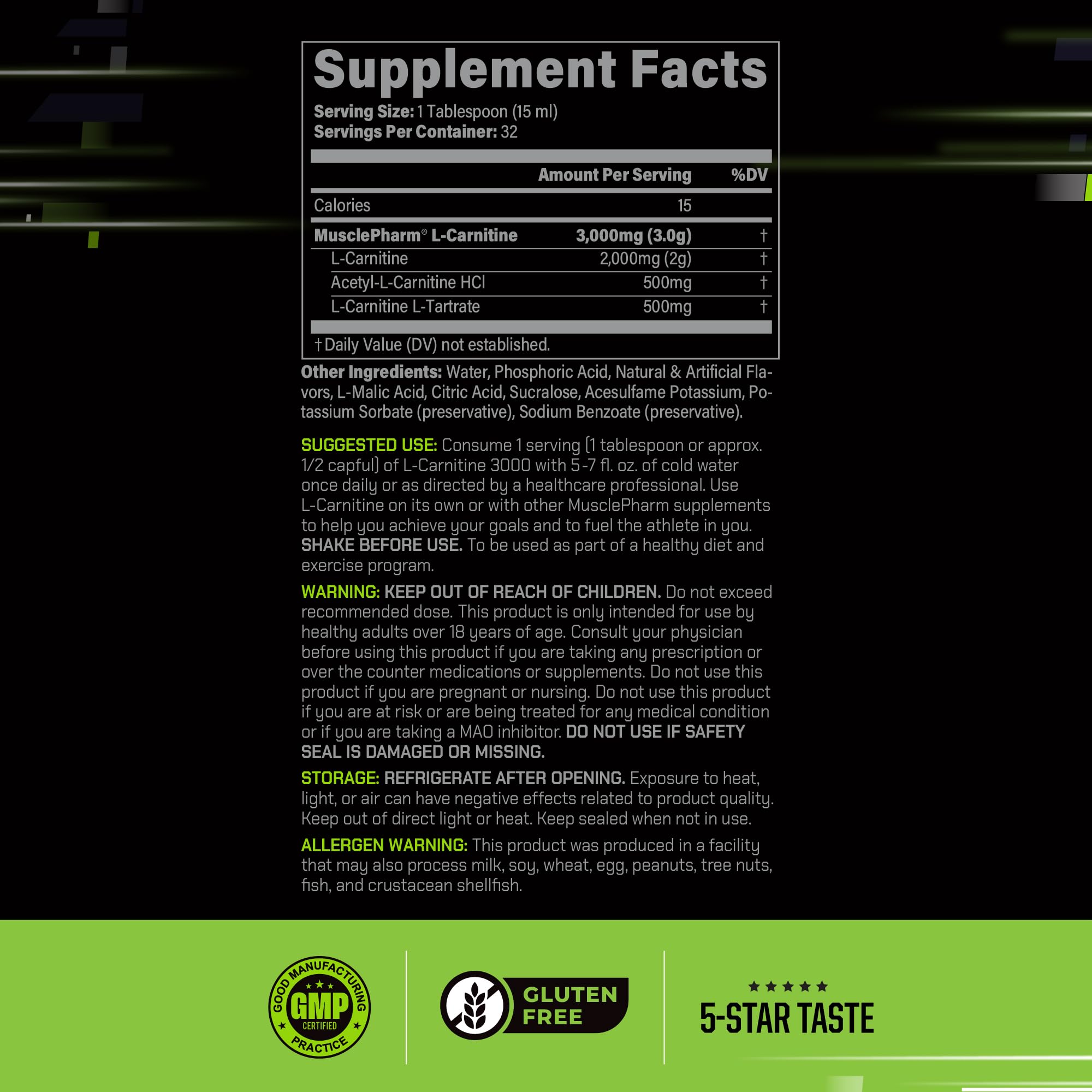 MusclePharm L-Carnitine 3000 measuring spoon shows serving size for pre-workout energy