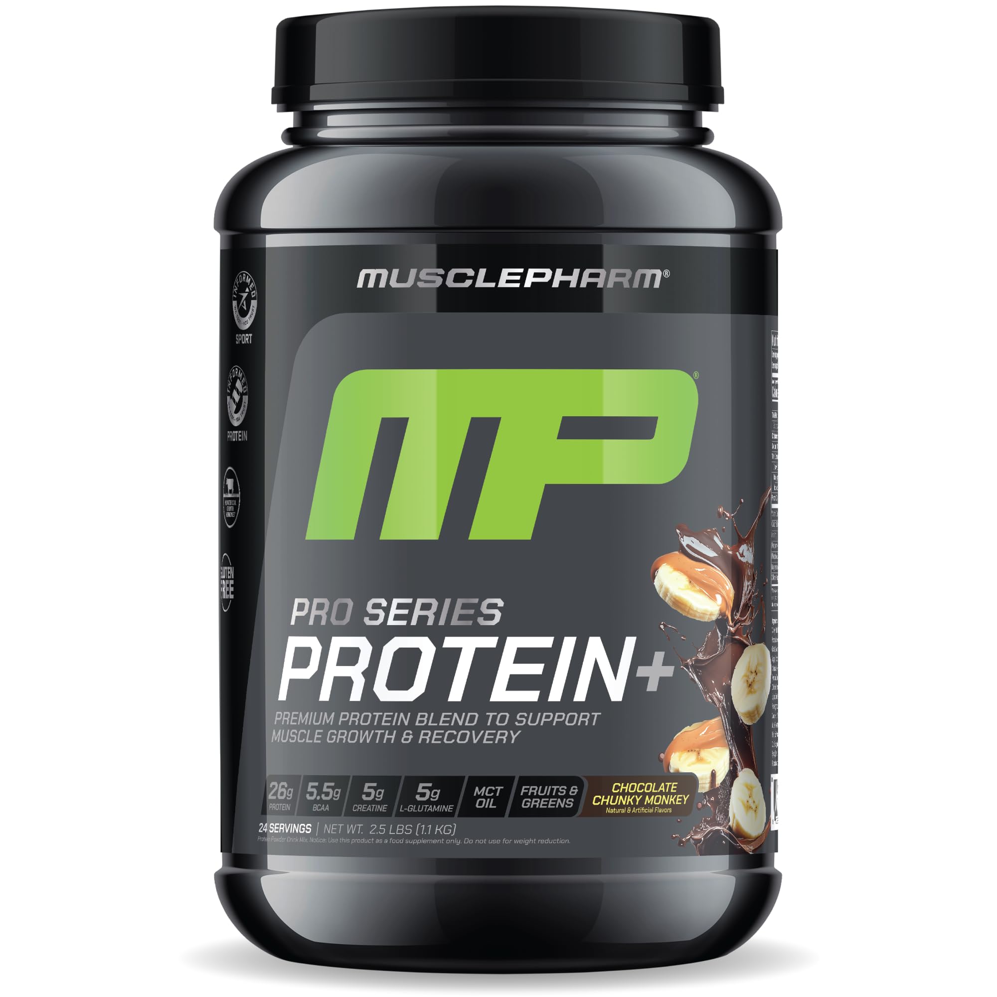 MusclePharm Pro Series Protein+ bottle highlights 26g protein per serving for muscle support