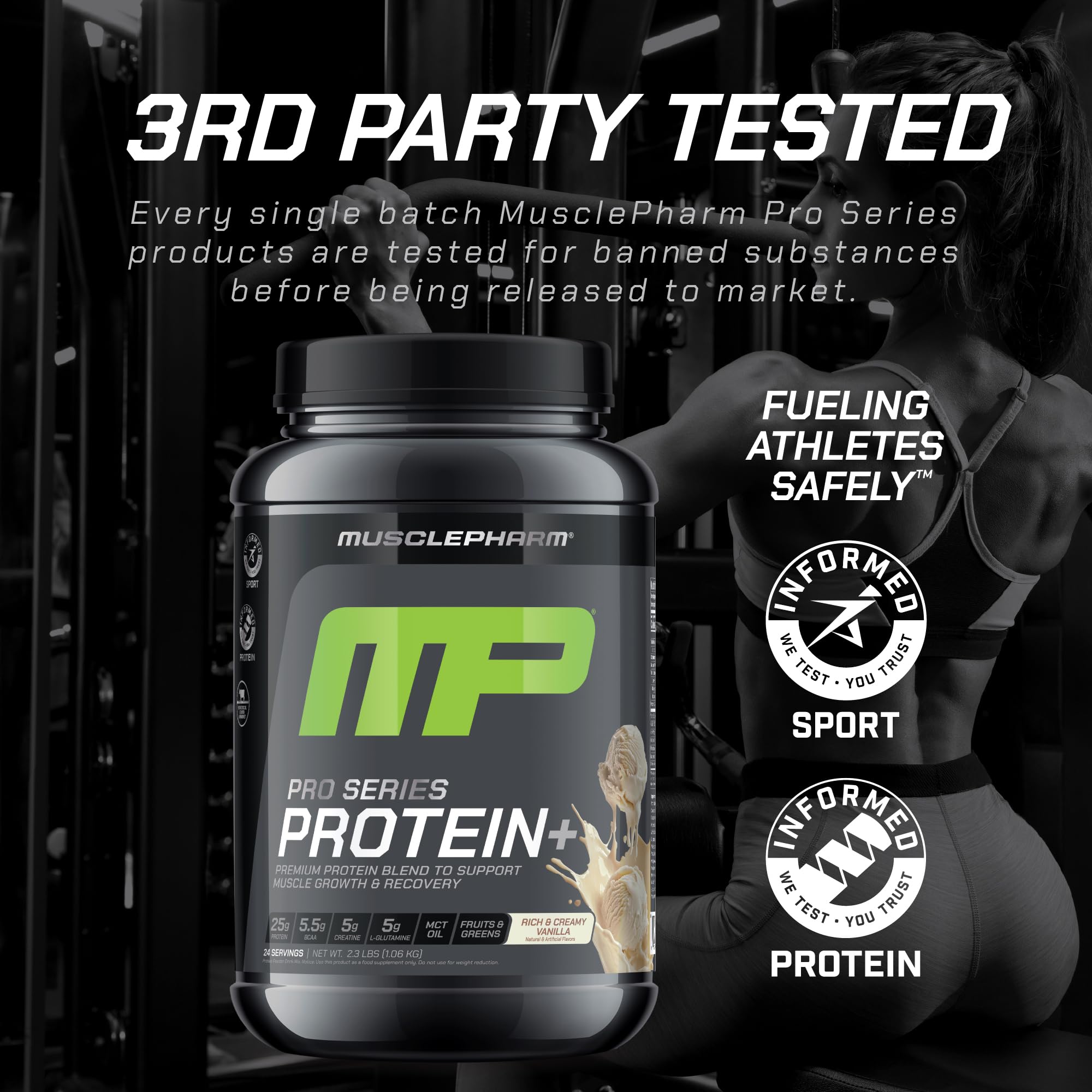 MusclePharm Pro Series Protein+ gluten-free badge on packaging.