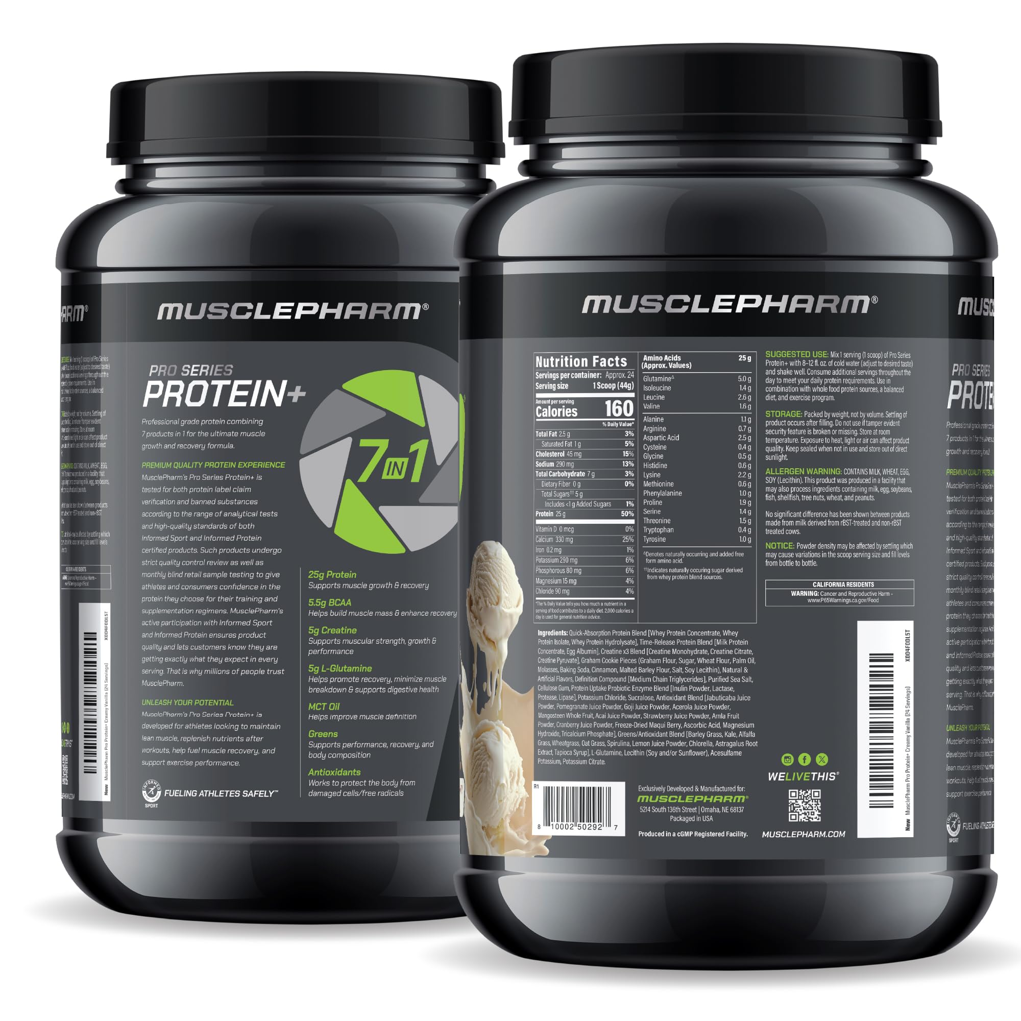 MusclePharm Pro Series Protein+ label transparency with Informed Sport badge.