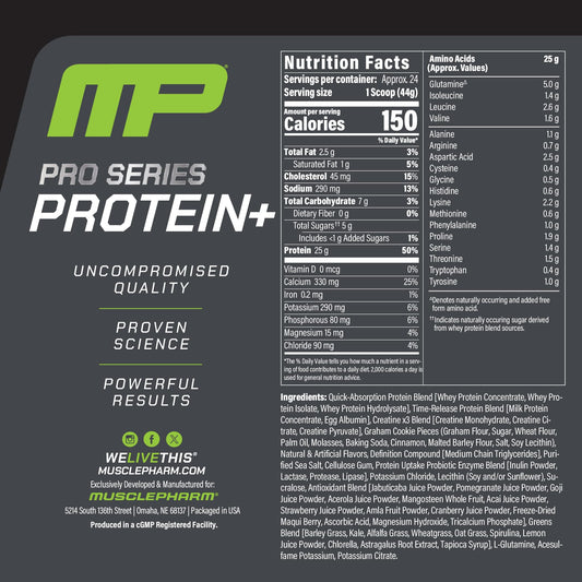 MusclePharm Pro Series Protein+ powder tub shows the 7-in-1 formula for athletes.