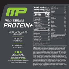 MusclePharm Pro Series Protein+ powder tub shows the 7-in-1 formula for athletes.