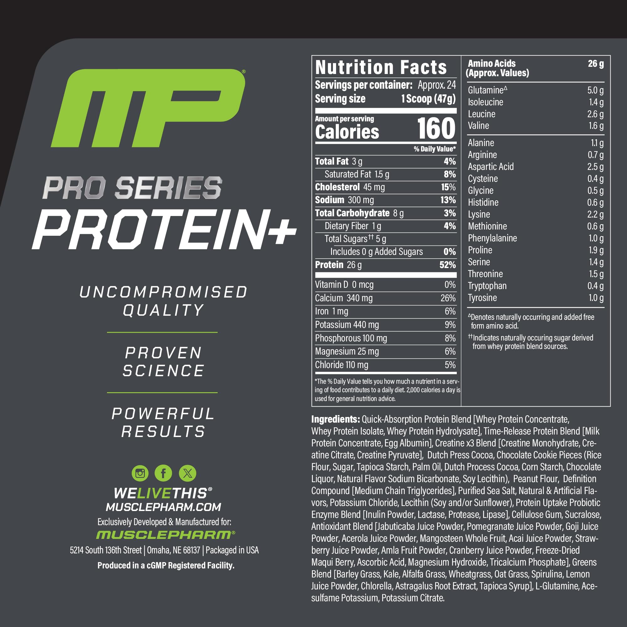 MusclePharm Pro Series Protein+ scoop emphasizes the 7-in-1 blend for recovery