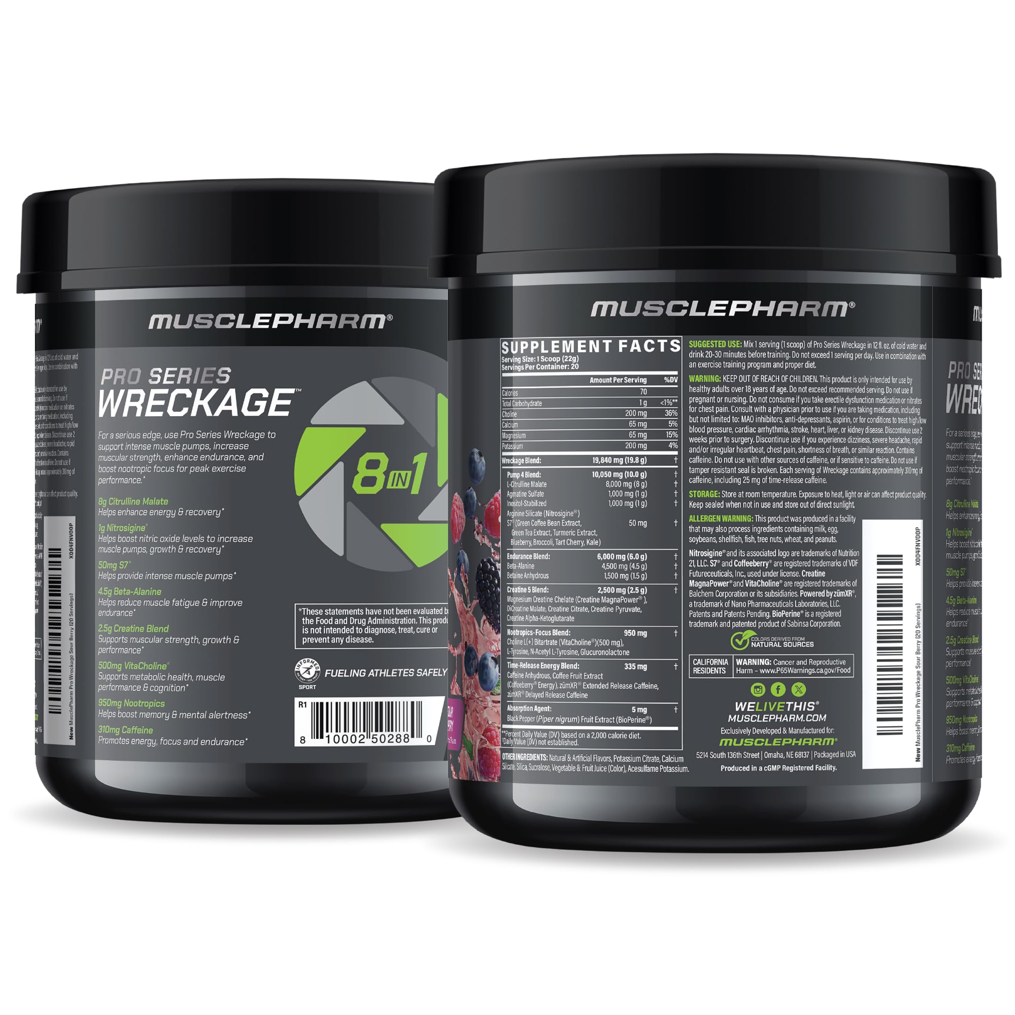 15.5 oz Wreckage packaging shows serving size and nutrition details