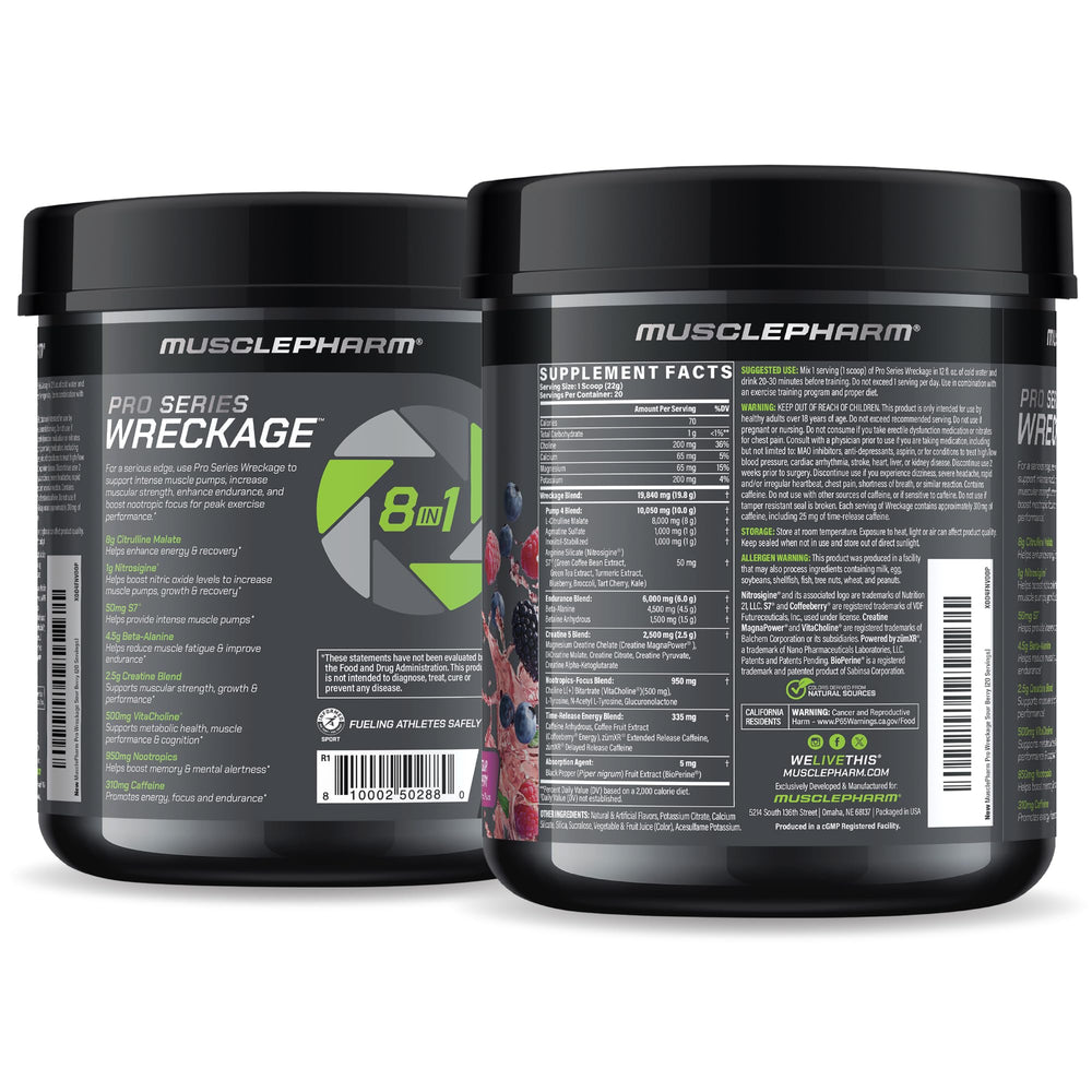 15.5 oz Wreckage packaging shows serving size and nutrition details