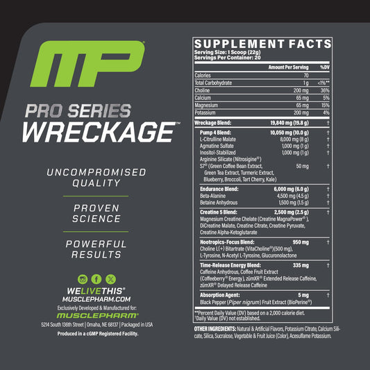 MusclePharm WRECKAGE ingredient panel highlights 8-in-1 performance blend.