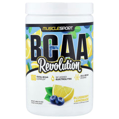 Musclesport BCAA Revolution blueberry lemonade powder tub for intra-workout hydration and recovery.