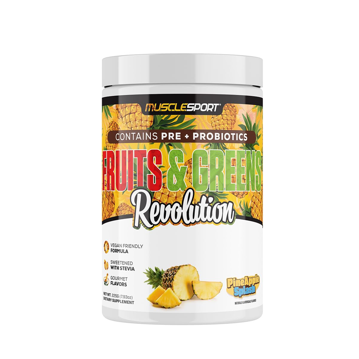 Musclesport Fruits & Greens Pineapple Splash bottle supports daily antioxidant intake.
