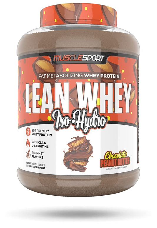 Musclesport Lean Whey Revolution bottle pouring for a high-protein, quick shake.